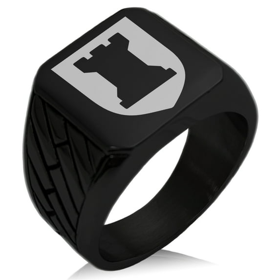 Stainless Steel Rook Strategy Coat of Arms Shield Geometric Pattern Biker Style Polished Ring