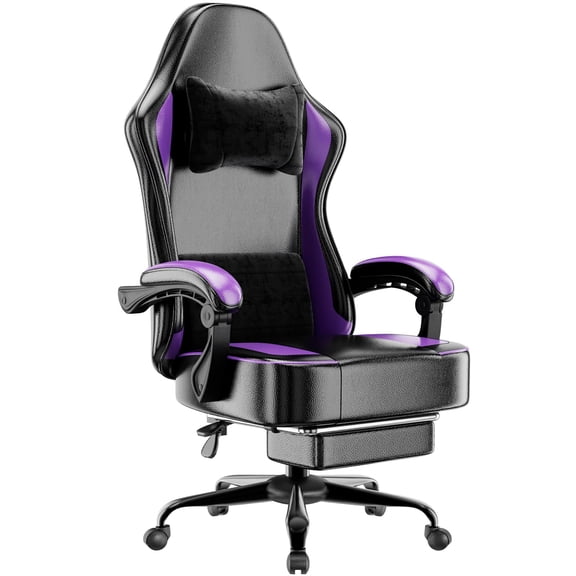 Black & Purple Gaming Chair With Footrest, Lumbar Support, Headrest, Adjustable Height And Armrests Ergonomic Office Desk Chair