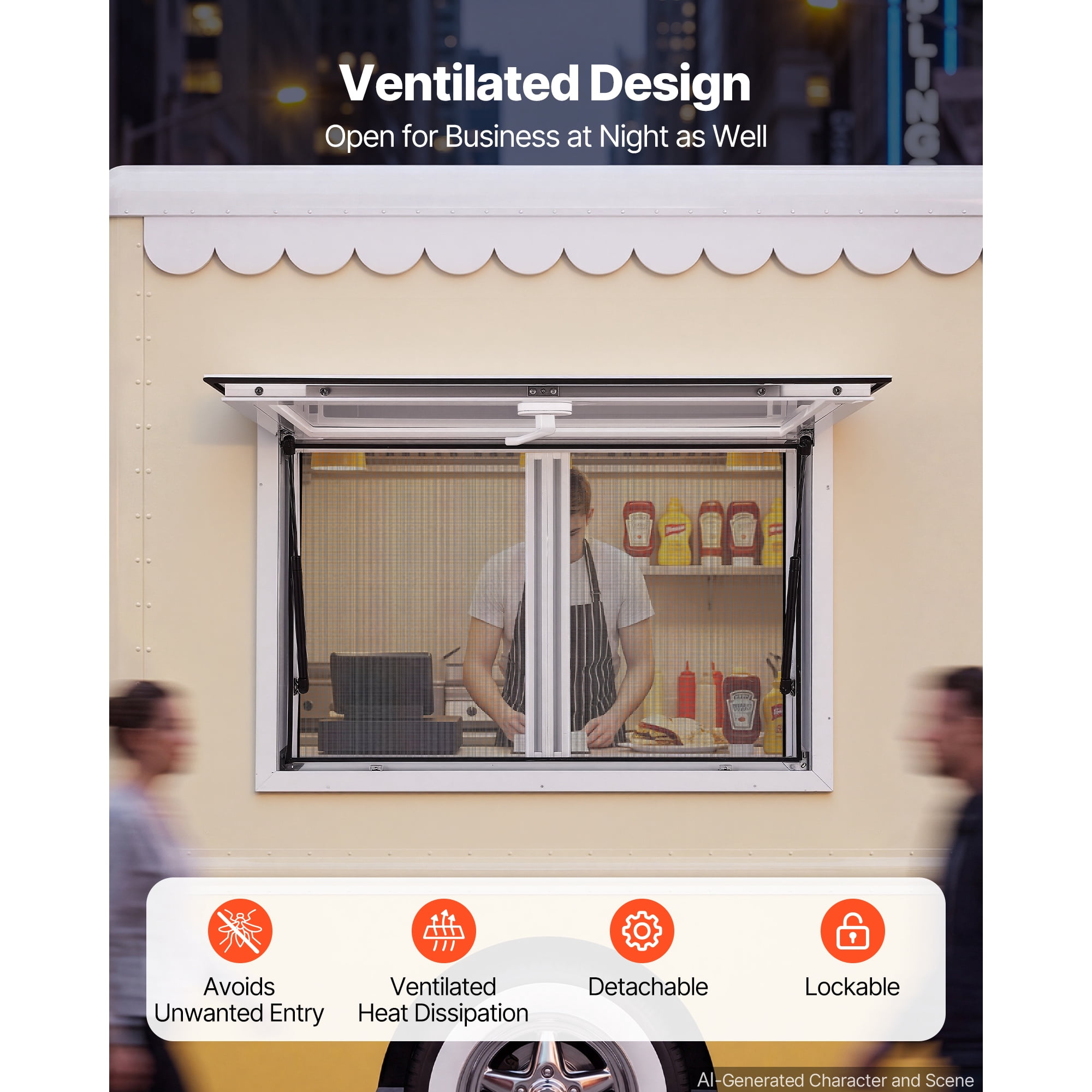 KFFKFF Concession Window 36x24 in Aluminum Alloy & Acrylic Service Window, Designed for Food Trucks, Features 85-Degree Stand Serving, Dual Sliding Screen Windows, Awning Door, Drag Hook.