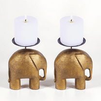 Vriksha Kraft Gold Elephant Small Pillar and Taper Candle Holders, Set of 2