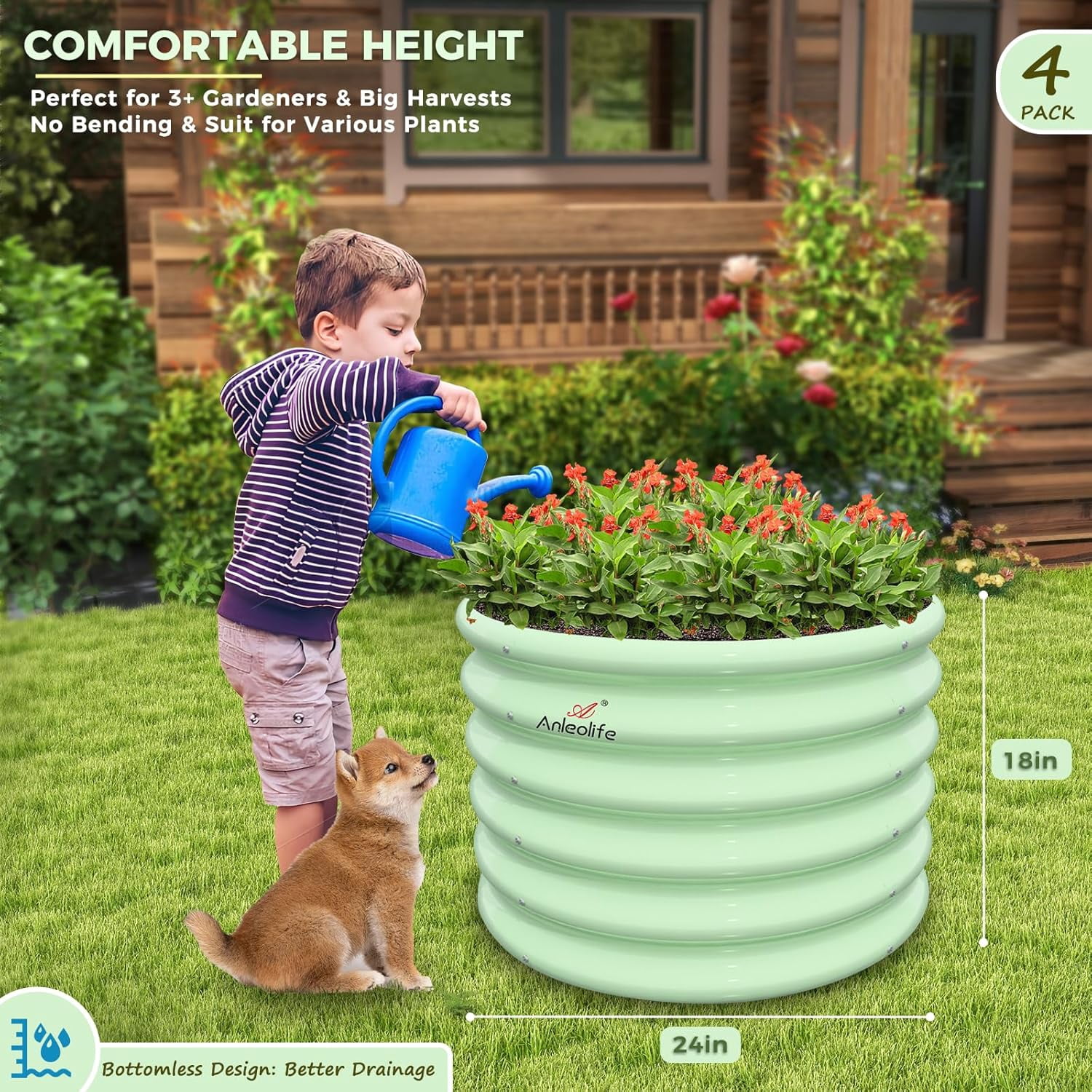 Kids Raised Garden Beds Outdoor (4-Pack)-24x24x18in Round Galvanized Metal Planter Box for Planting Vegetables, Flowers, Fruits, Eco-Safe & Easy Setup, Mint Green