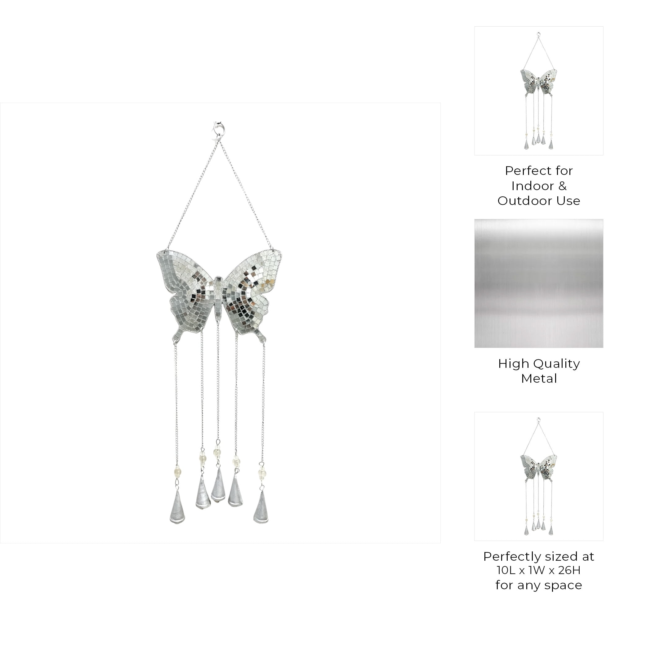 Butterfly Wind Chime with Hanging Bells - Metal & Glass Mosaic Design - Outdoor & Indoor Decorative Wind Bell - Soothing Garden Decor for Patio, Balcony & Home - 26" Silver Metallic