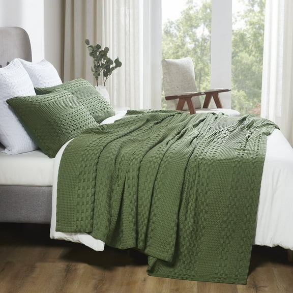 Waffle Weave Olive Green Twin Blanket 90Lx66W