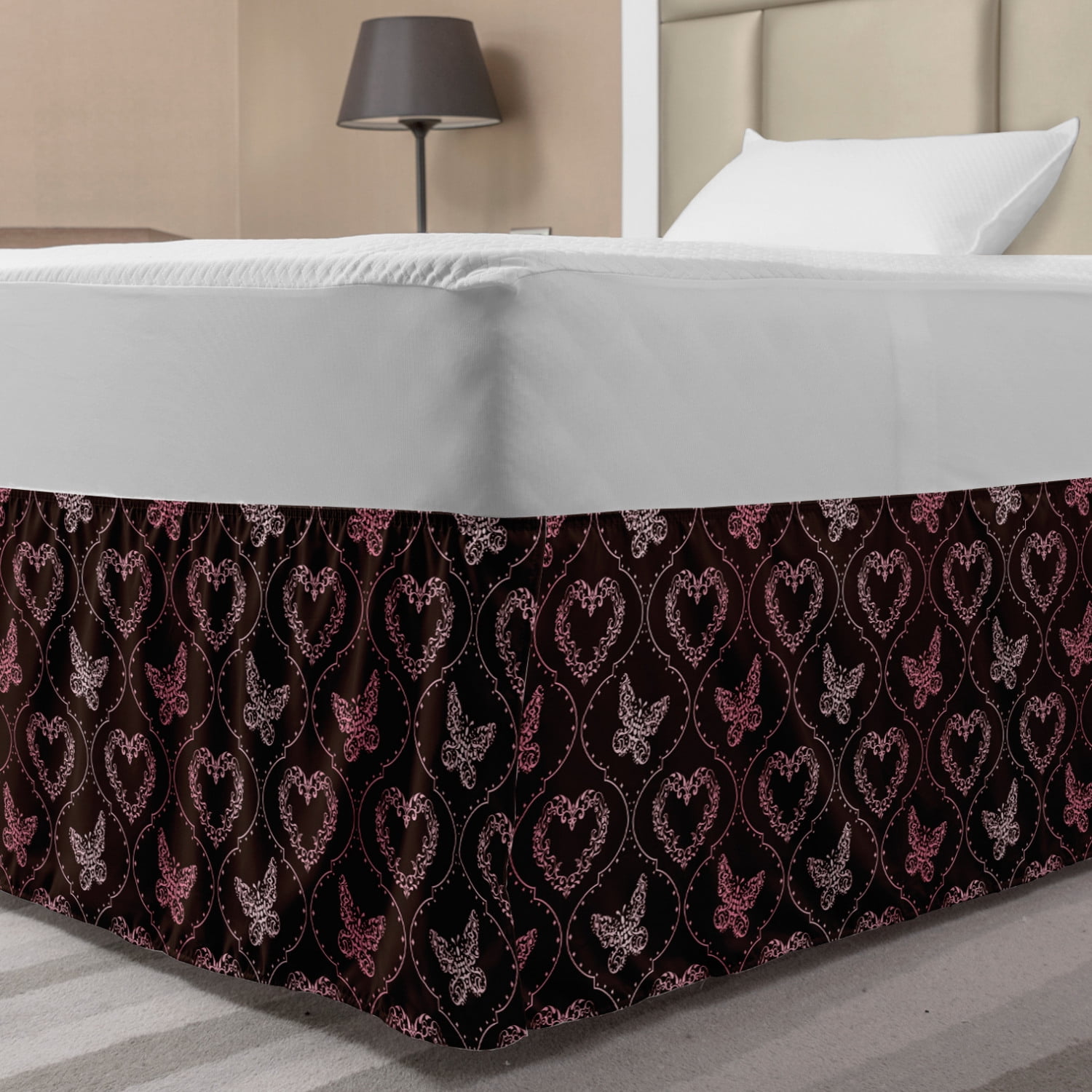 Pink Damask Bed Skirt, Butterfly Hearts Romantic Floral Gradient