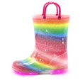 thumbnail image 1 of EUXTERPA Botas de lluvia impermeables con luz para niños pequeños y botas con purpurina con asas para niñas pequeñas, talla 12, arcoíris, 1 of 1