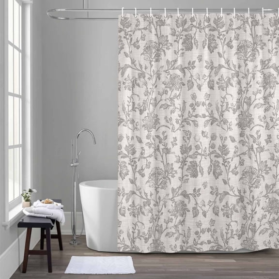 Pastoral Flowers Shower Curtain for Bathroom Decor, Grey Flower Farm Vintage Linen Texture Waterproof Fabric Shower Curtain, 72"x78" Set with 12 Hooks