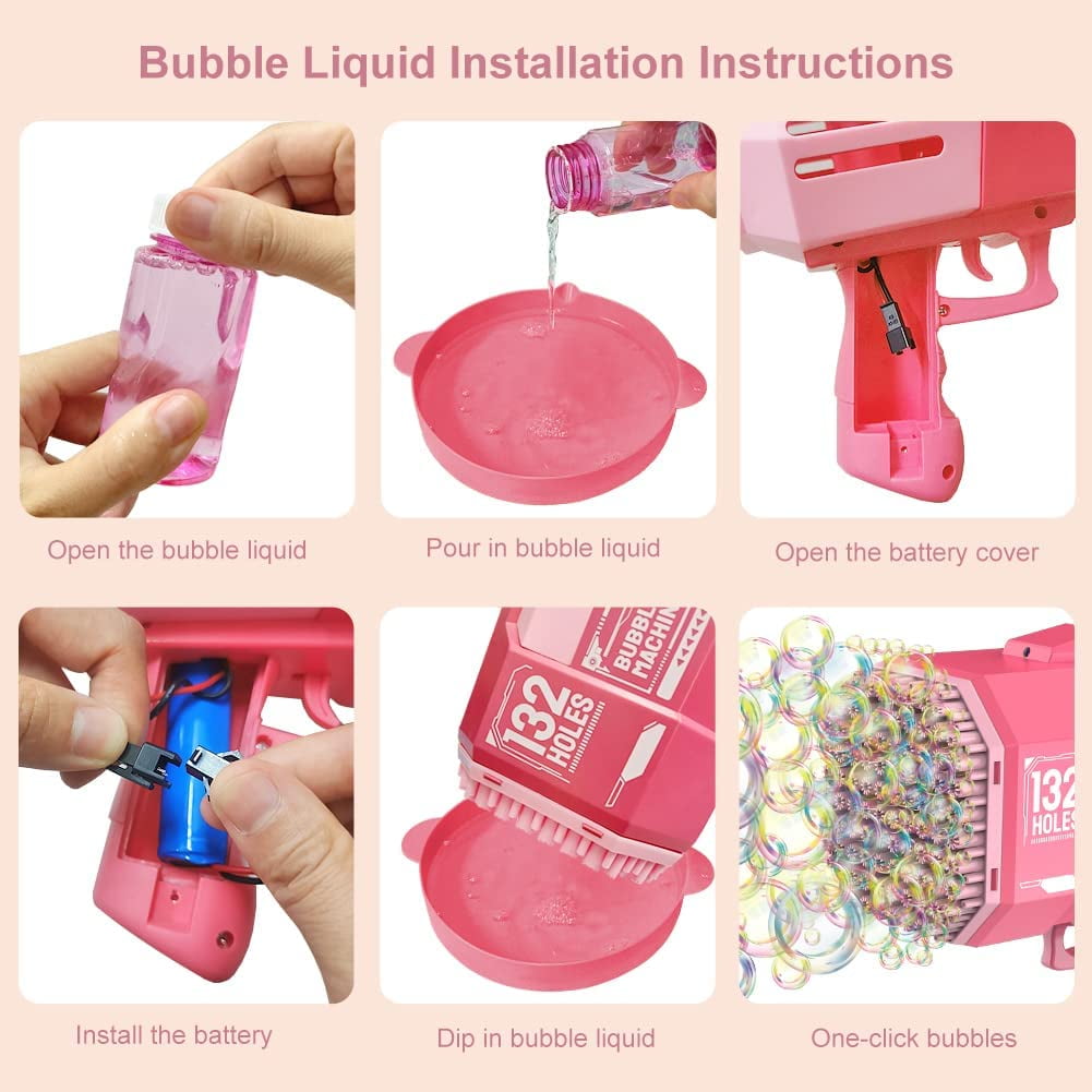 Fun Little Toys 14 Pcs Bubble Machine Gun with 64 Holes & Lights, Pink  Bazooka Bubble Gun for Kids Adults Bubble Blower Machine Gun with Hand held