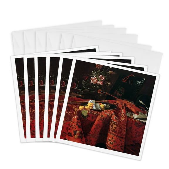 3dRose, Still Life with Musical Instruments, c. 1700 by Cristoforo Munari, 6 Greeting Cards with envelopes