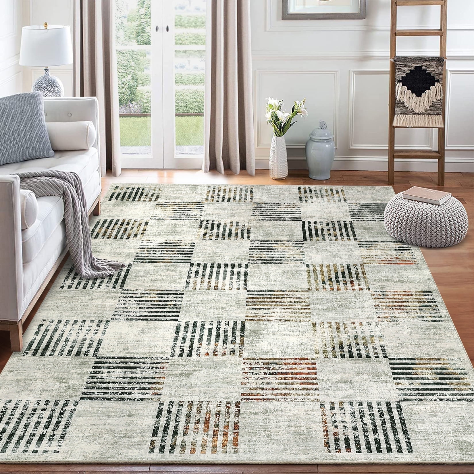 Garvee 8x10 Area Rug Modern Plaid Checkered Rug, Washable Rugs Soft Neutral Indoor Carpet Solid Rug Non Slip Low Pile Rug for Living Room Bedroom Dining Room Office, Beige
