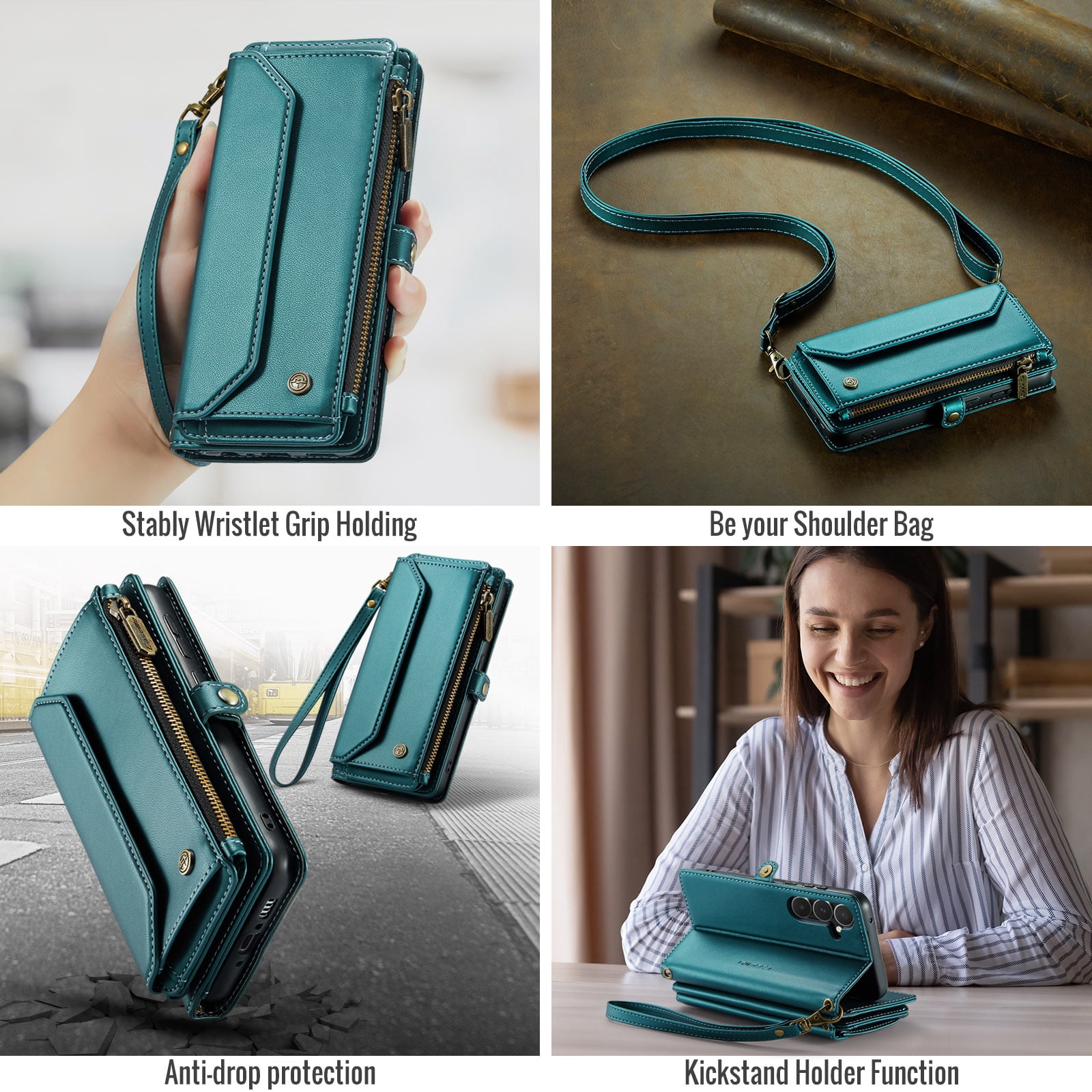 for Samsung Galaxy A14 5G Full Body Protection Wallet Folio Flip Case, Shoulder Strap & Wristlet Card Slots Zipper Pocket RFID Blocking Rugged Durable PU Leather Phone Case Cover, Green