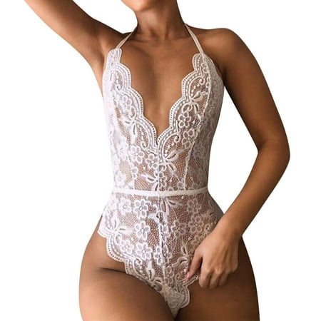 Midwennn Womens Sexy Lace Hanging Neck Lace Waist Open Back Sexy Lingerie Pajamas Rhinestone Stockings for Women Lingerie