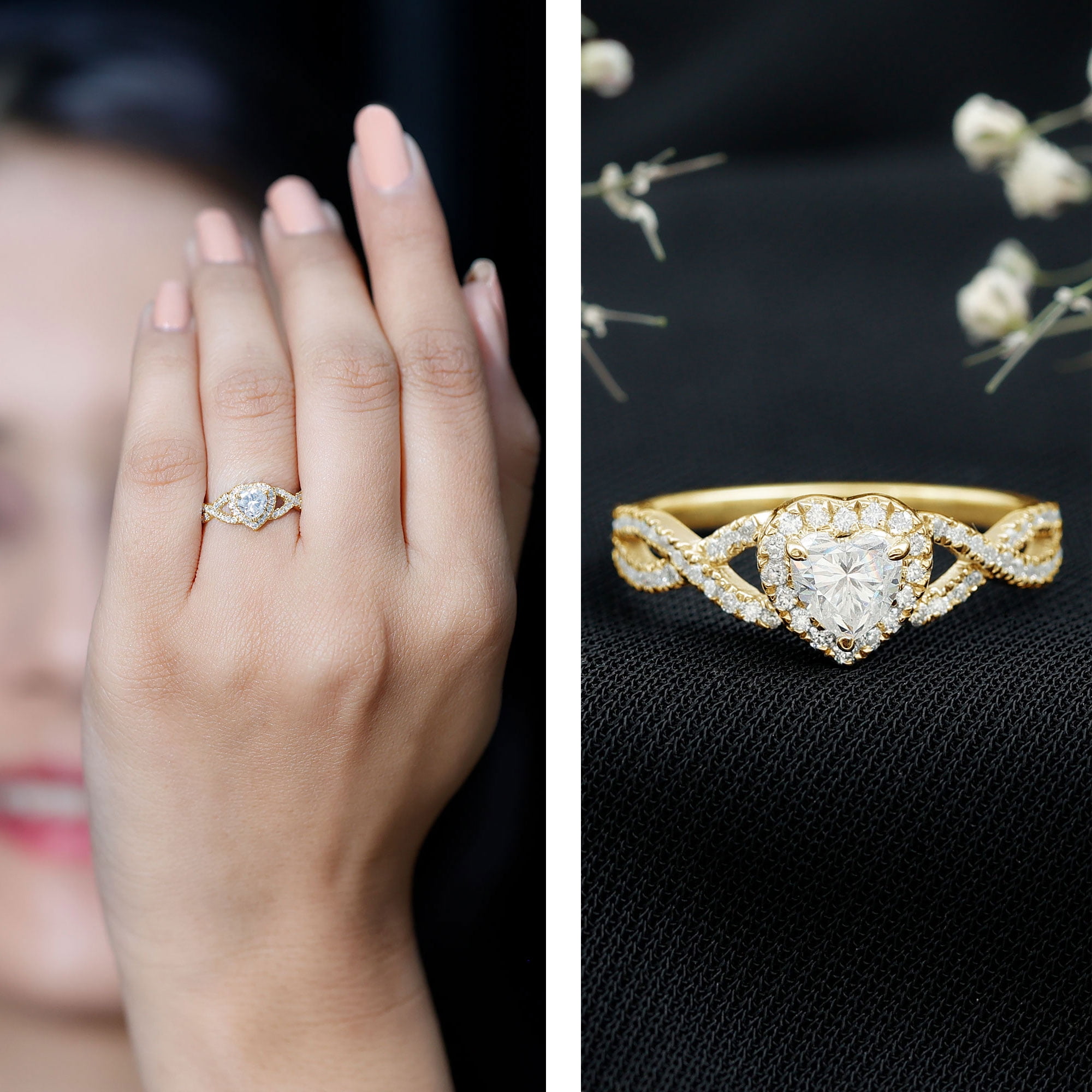 Rosec Jewels Moissanite Heart Engagement Ring for Women - 1/2 Carat - Moissanite Halo Crossover Ring - D-VS1 Grade, 14K Yellow Gold, US 9.00