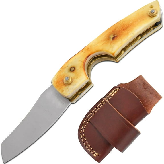 Handmade Real Damascus Steel Cigar Cutter Comes with Leather Sheath (Burn Bone)