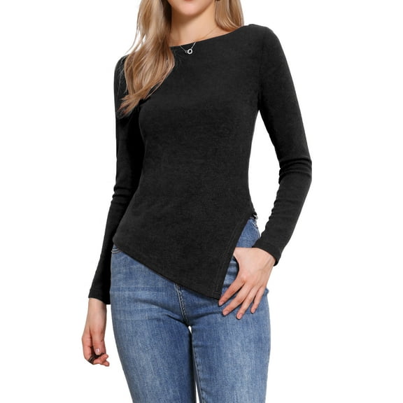 INSPIRE CHIC Long Sleeve Knit Top for Women's Boat Neck Fall Winter Irregular Hem Long Sleeve Casual Pullover Shirt XS Black