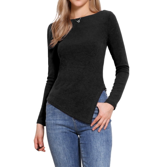 INSPIRE CHIC Blusa de punto de manga larga para mujer, cuello barco, dobladillo irregular, manga larga, camiseta casual, XS, negra