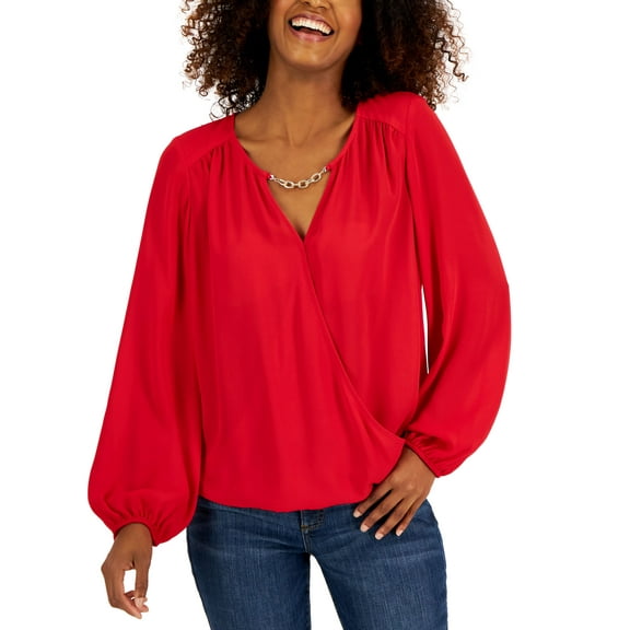Women's Hardware-Trim Surplice Blouse Real Red S