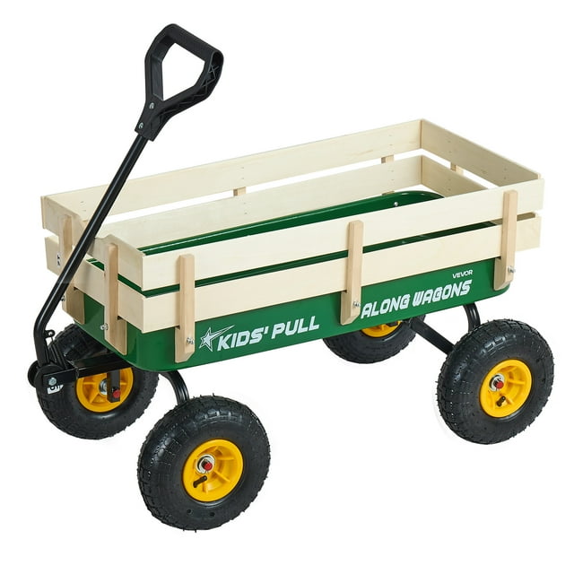 VEVOR Pull-Along Wagon for Kids, a 39-inch green toddler wagon with wooden side panels and a black pull handle. Equipped with four 10-inch pneumatic wheels for all-terrain use, it supports up to 330 lbs. Suitable for gardening, beach trips, or outdoor adventures.