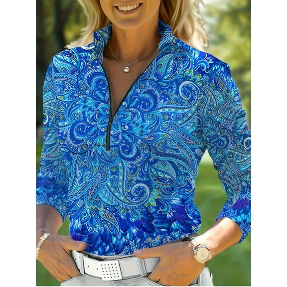 Womens Golf Shirt Long Sleeve Athletic Quarter Zip Pullover Sun Protection with Pocket Blue M