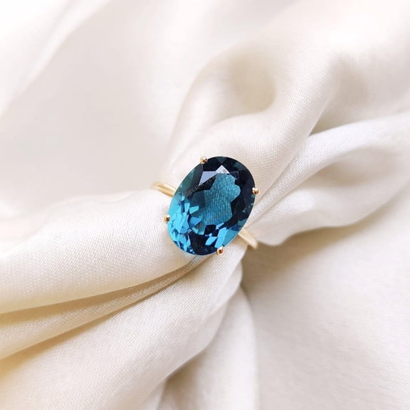 10x14 mm Oval Natural London Blue Topaz Ring, 14K White Gold Engagement Ring, Gifted Item for Love