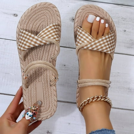 

Daznico Slippers for Women Gingham Two Way Wear Slide Sandals For Women Casual Bohemian Sandals Minimalist Cross Strap Slides Beach Shoes Slippers Khaki 7.5