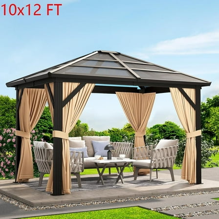 Emorefun 10x12 FT Hardtop Gazebo Outdoor Canopy Aluminum Frame with Netting and Curtains