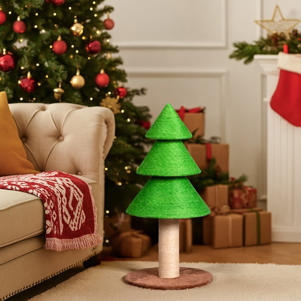 Christmas Tree Cat Scratcher Tower (31.5in), Grass Green Festive Design, Sisal Rope Scratching Post, Fleece Lounge Base for Indoor Cats