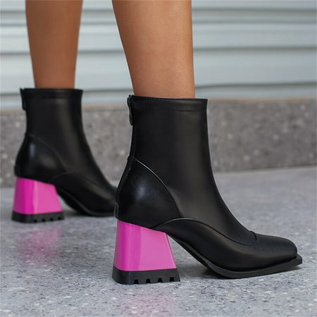 

Ladies Fashion Colorblock Leather Back Zipper Square Toe High Heel Booties Yutnsbel