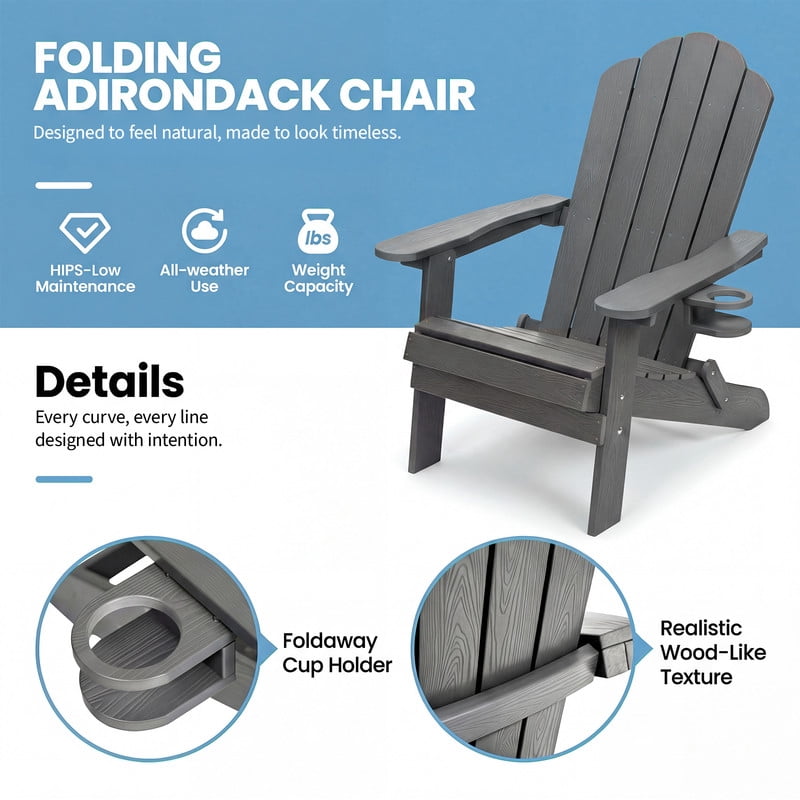 JEKO&JEKO Folding Adirondack Chair with Cup Holder, HIPS All-Weather Outdoor Chair for Patio, Deck, Backyard, Garden - Gray