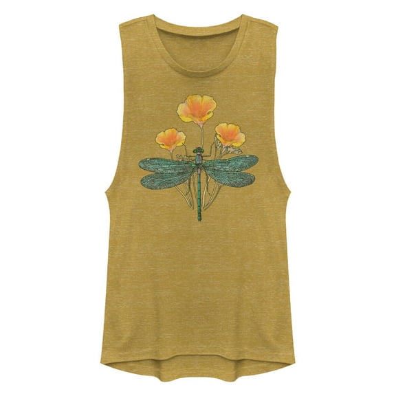 Junior's Lost Gods Dragonfly Poppies  Festival Muscle Graphic T-Shirt