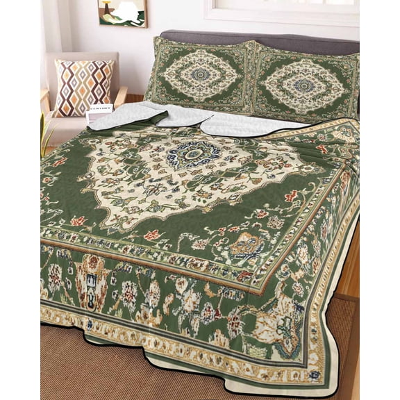 Green Boho King Size Down Alternative Comforter, Lightweight Comforter Quilt Bedding Set with Pillow Shams Chic Traditional Antique Geometric Rustic All Seasons Bed Comforter Duvet Insert 96"x106"