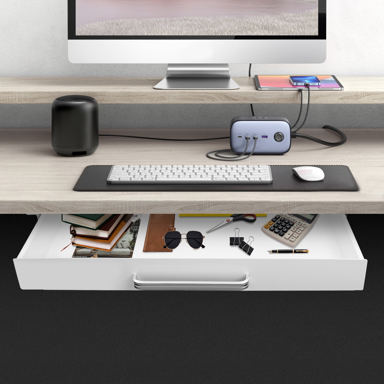 White Under Desk Mounted Sliding Pull-out Drawer, Drawer Storage Organizer for Standing Desks, Pull-out Drawer Iron