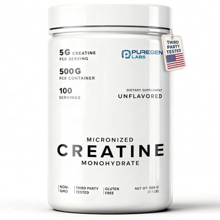 Puregen Labs Micronized Creatine Monohydrate Powder 500g – Pure, Unflavored, No Additives | 5000mg Per Serv (5g) - 100 Servings