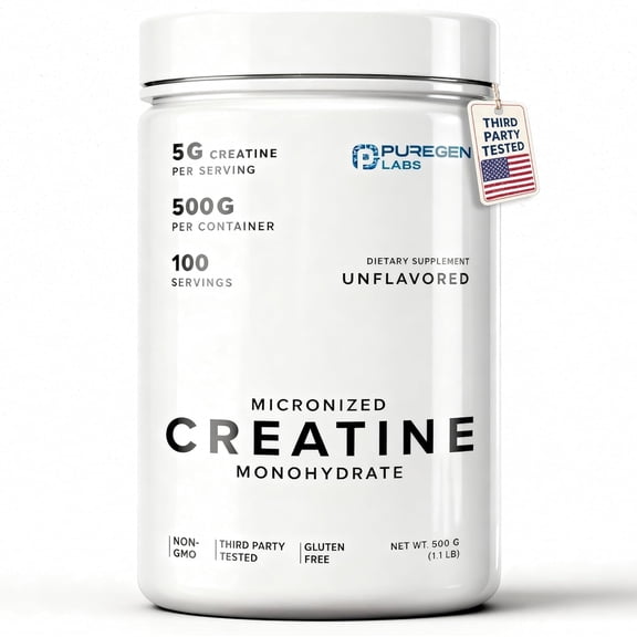 Puregen Labs Micronized Creatine Monohydrate Powder 500g – Pure, Unflavored, No Additives | 5000mg Per Serv (5g) - 100 Servings