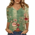 thumbnail image 3 of JTZGDY Floral Shirts for Women Dressy Casual V Neck Summer 3/4 Lenght Sleeve Crewneck Graphic T-Shirts Trendy Cozy Tunic Blouse Lightweight Pullover Tops Green#03 L, 3 of 5