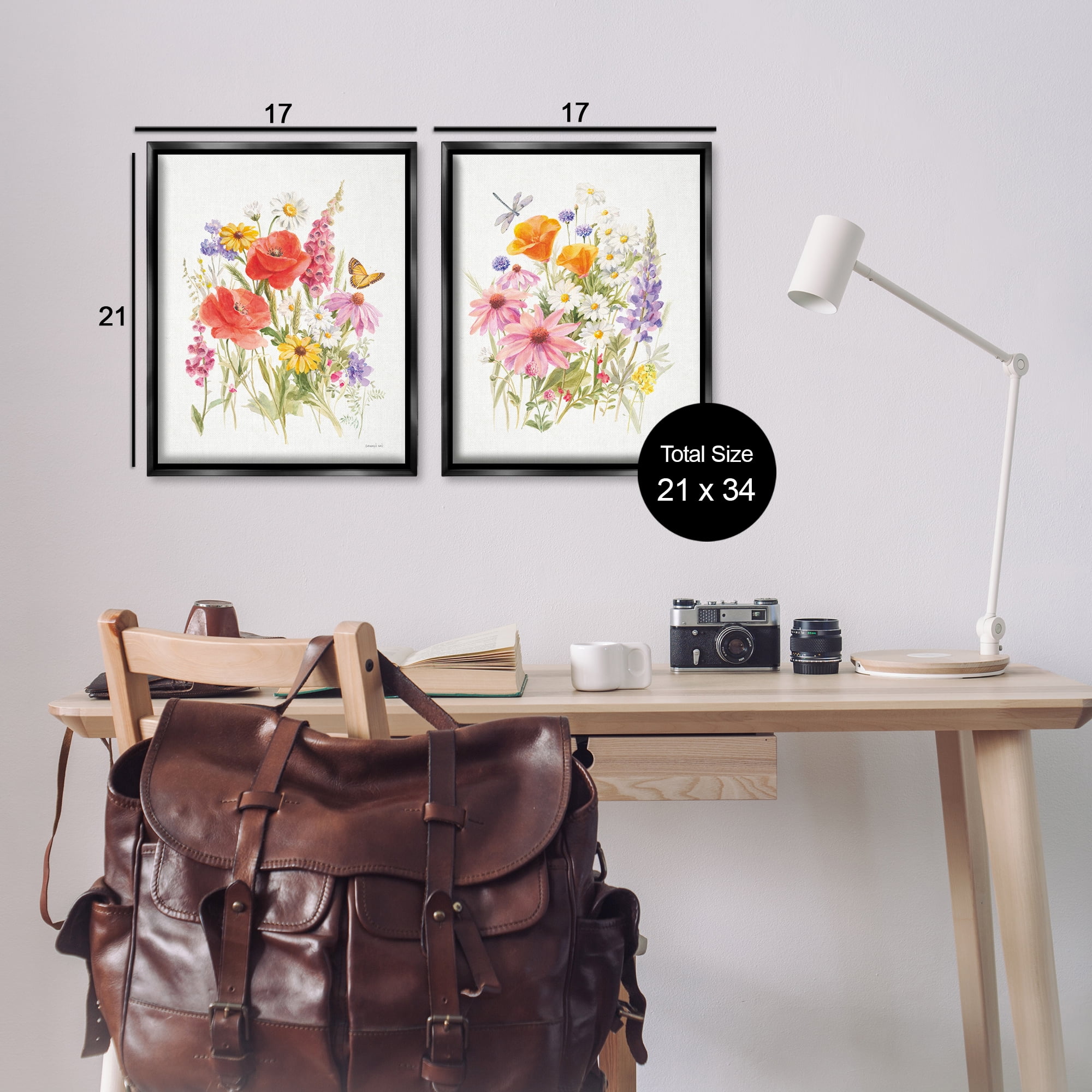 Stupell Industries Wildflowers in Bloom Insects Plants & Flowers Painting Black Floater Framed Canvas Art Print Wall Art, 17 x 21, Set of 2
