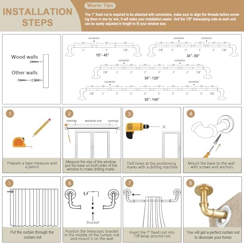 Gold Industrial Curtain Rods for Windows 28 to 48 Inch(2.3 to 4 Feet), 1 Inch Diameter Blackout Wrap Around Adjustable Heavy Duty Window Drapery Rods, Indoor and Outdoor