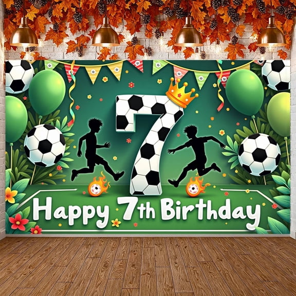 Soccer-themed Soccer Birthday Banner Number 7 7th Birthday Display Kids' Silhouettes Green Balloons Football Party Backdrop for Kids' Birthday Party 7th Birthday Celebration Soccer Themed Event