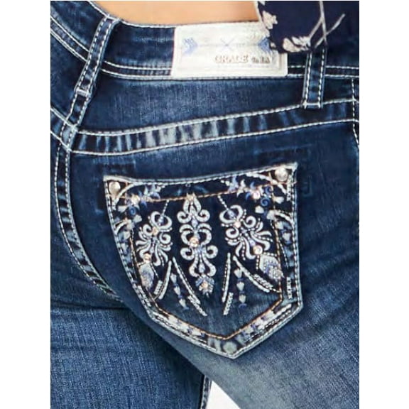 Grace In LA Women's Western Crystal Embellished Embroidered Pocket Bootcut Stretch Jeans (26)