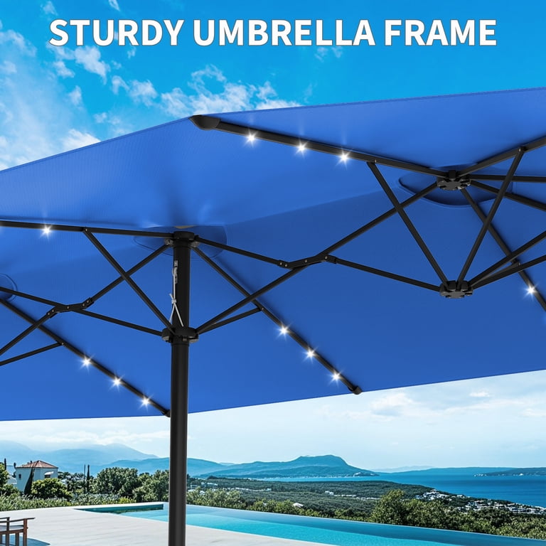 12 commercial patio umbrellas lighted wind resistant 15FT Double-Sided Rectangular Patio Umbrella with Solar LED Lights & Base –  UV-Resistant, Waterproof Outdoor Market Canopy, Wind-Resistant, Easy Crank