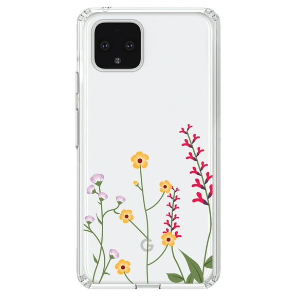 DistinctInk Clear Shockproof Hybrid Case for Google Pixel 4 XL (6.3" Screen) - TPU Bumper Acrylic Back Tempered Glass Screen Protector - Wildflowers Yellow Pink Purple
