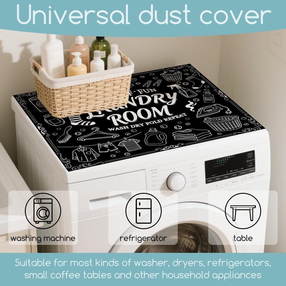 Black Funny Laundry Room Washer Dryer Dust Cover Mat 23.6x19.7inch Laundry-themed Elements Washing Machine Top Protector Pads