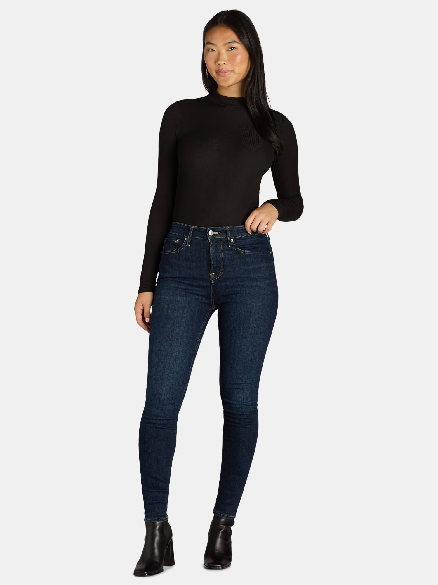 No Boundaries Ribbed Mock Neck Top with Long Sleeves, Women’s and Women’s Plus