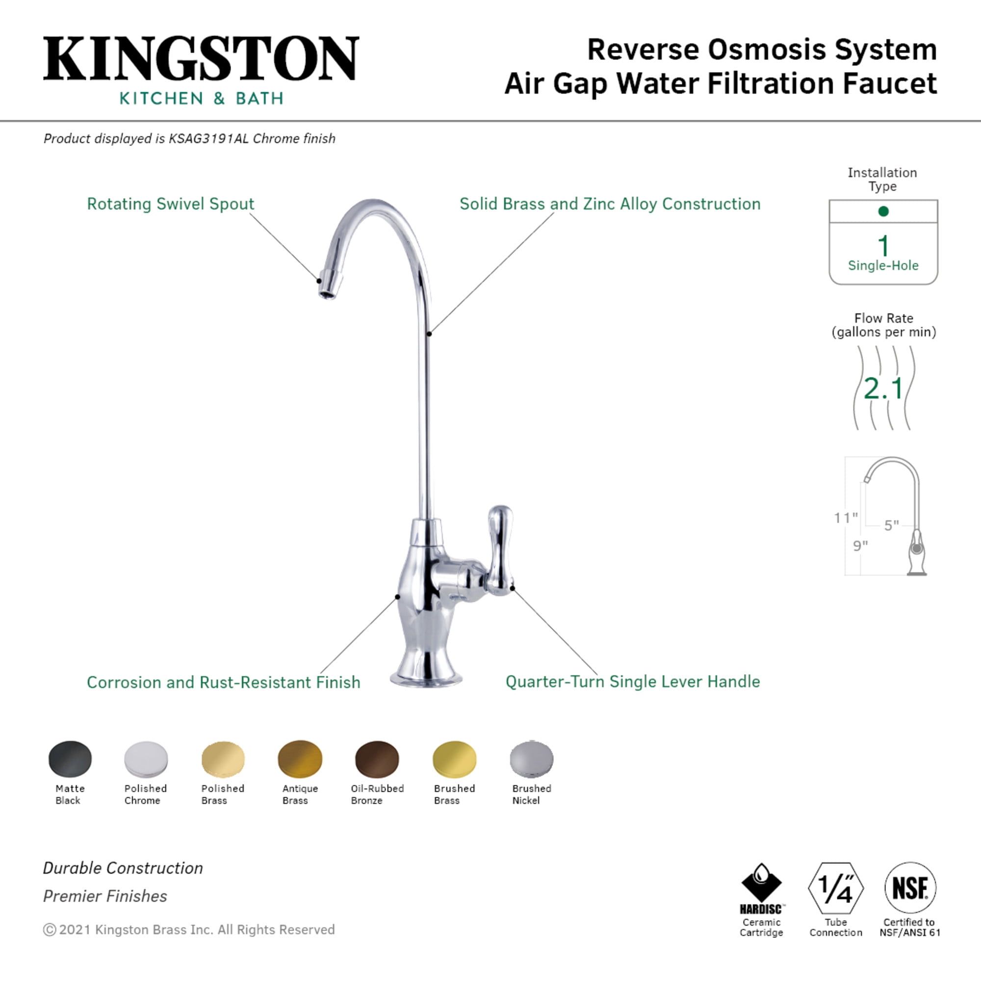 Kingston Brass KSAG3191AL Restoration Reverse Osmosis System Filtration Water Air Gap Faucet, Polished Chrome