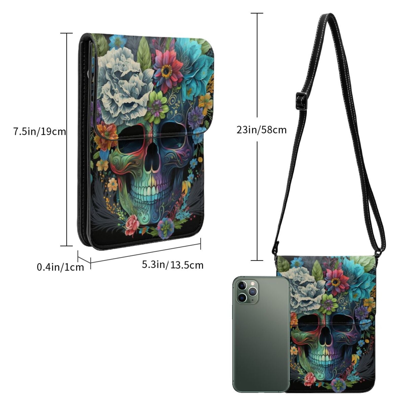 Floral Sugar Skull Flowers Cell Phone Purse Small Crossbody Bag with Strap Credit Card Slots Leather Shoulder Wallet for Women