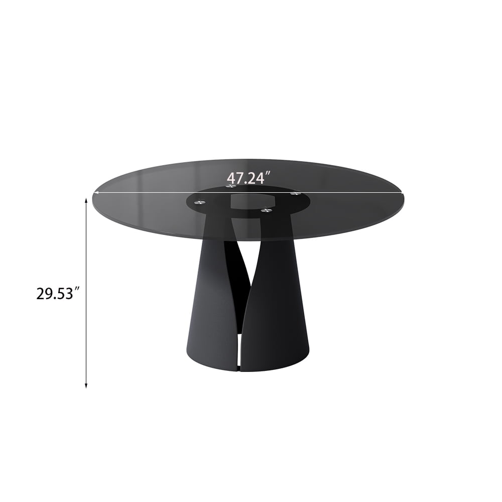 POVISON 47" Modern Black Round Dining Table For 4, Tempered Glass Tabletop,Carbon Steel Base