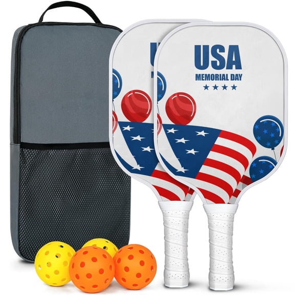 Pickleball Paddles Set Of 2, Fiberglass Surface, USA, Independence Day Print, 4 Balls & Bag
