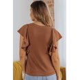 thumbnail image 3 of Women's Brown Ribbed Knit Ruffled Short Sleeve T Shirt, 3 of 17