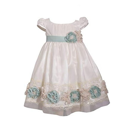 

Ivory Chic Midi Empire Waist A-Line Tulle Girls Dress with Diaper Cover with Rustic Green and Beige Ribbon Flowers with Pearl Accents Lace Swag Embroidery Adorned with Clear Sequins (6-9 Months)