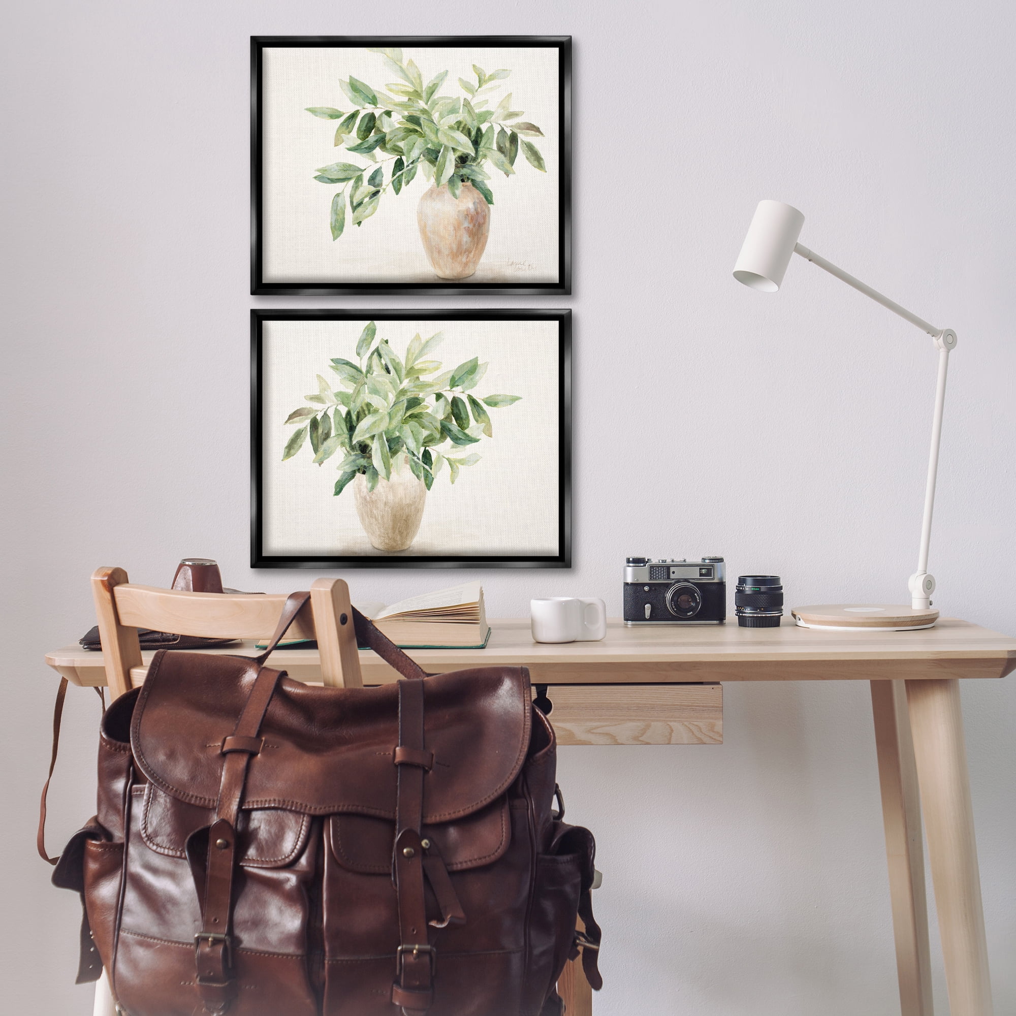 Stupell Industries Vase of Hardy Green Foliage Plants & Flowers Painting Black Floater Framed Canvas Art Print Wall Art, 21 x 17, Set of 2