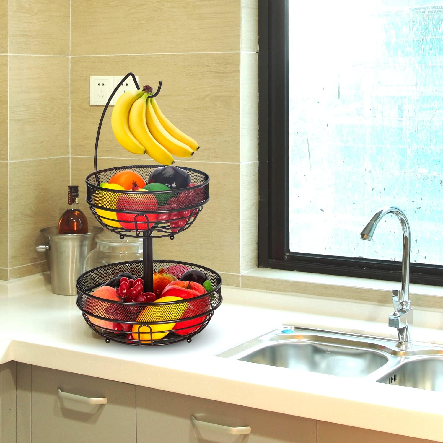 Fruit Basket, Fruit Bowl 2 Tier Fruit Rack for Kitchen, Fruit Bowl for Kitchen Counter, Detachable Fruit Holder with Banana Hanger - Black